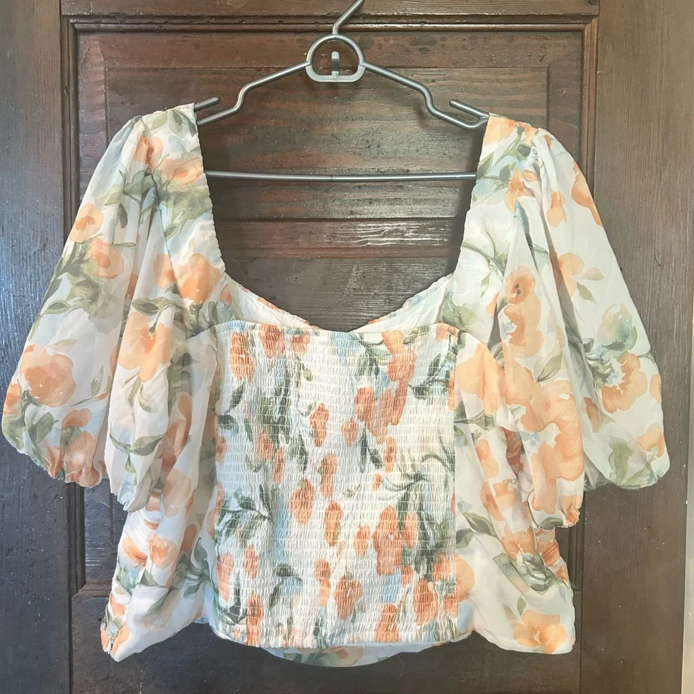 Abercrombie & Fitch Floral Puff Sleeve Top - Orange and Green